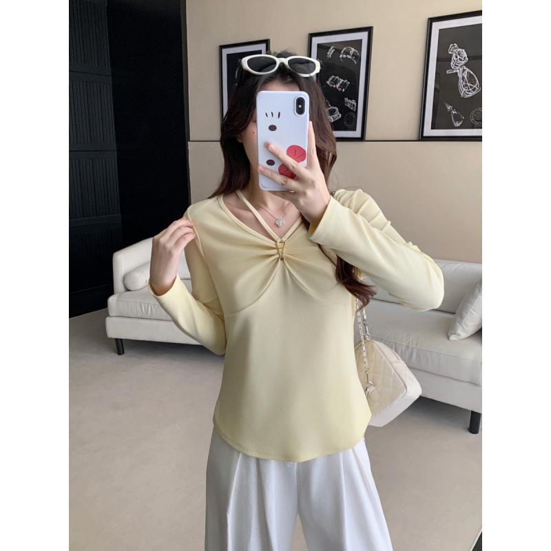 

2026 V-Neck Ruched Slimming Long-Sleeve Top for Plus Size Women - Spring/Autumn New Style 4XL жовтий