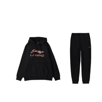 Li Ning Sports Lifestyle Series Letter Logo Print Loose Shoulder Hooded Long Sleeve Elastic Waist Long Pants Sweatshirt Set AKLSC99-1+YWDT337-1