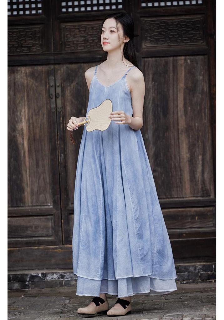 2025 Summer Dark Silent Willow Patchwork Camisole Dress with Large Hem