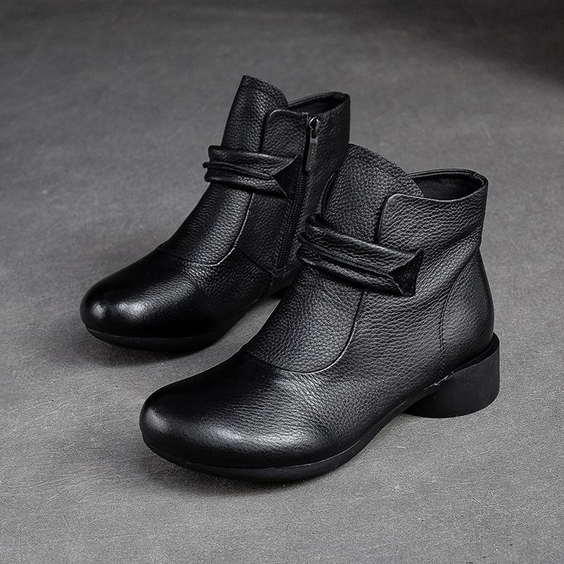 Johnature Retro Solid Color Short Boots Genuine Leather Round Toe Side Zipper Low Heel Casual Women's Shoes