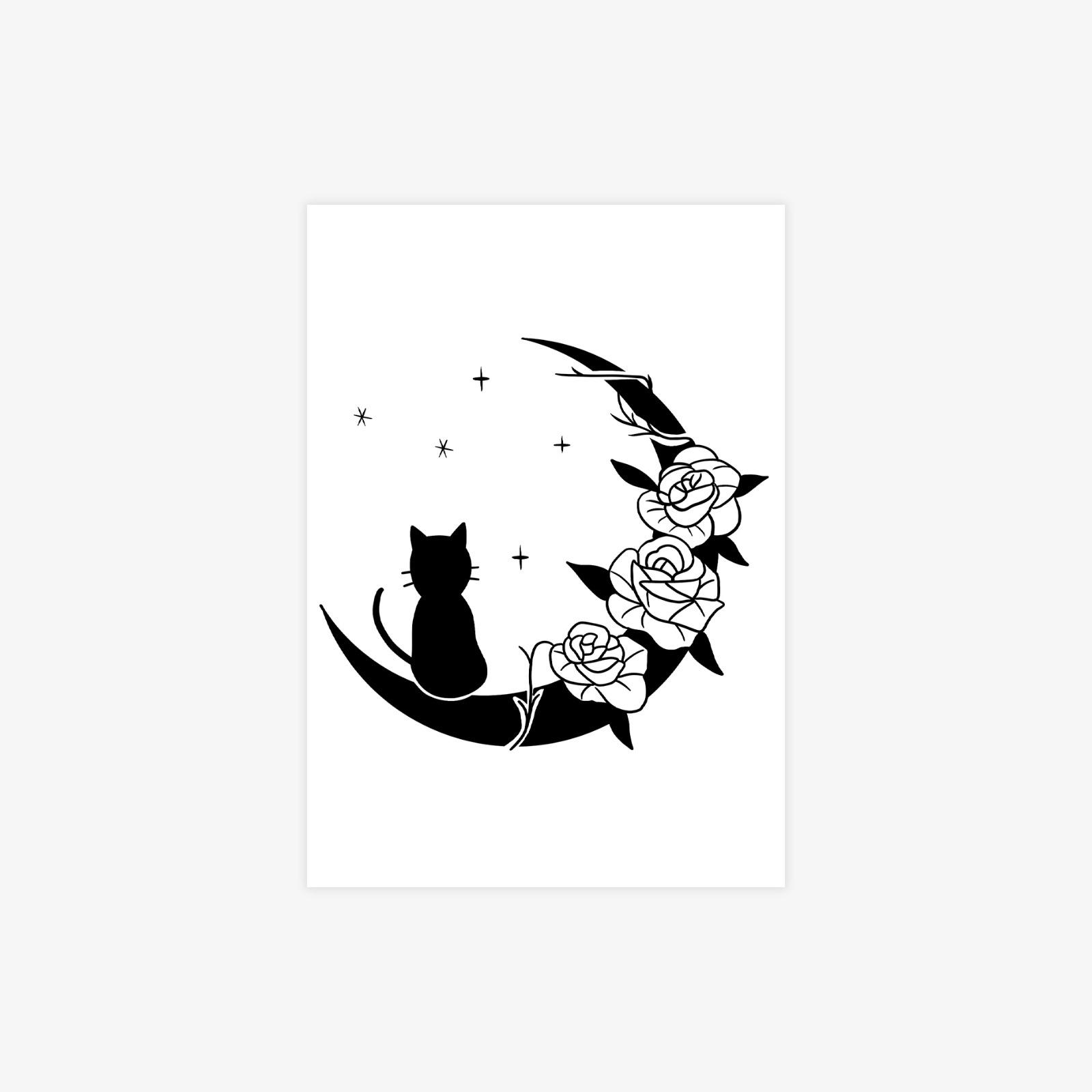 Tattoo Sticker Dark Moon Kitten Tattoo Sticker Disposable Temporary Tattoo Sticker 7*10