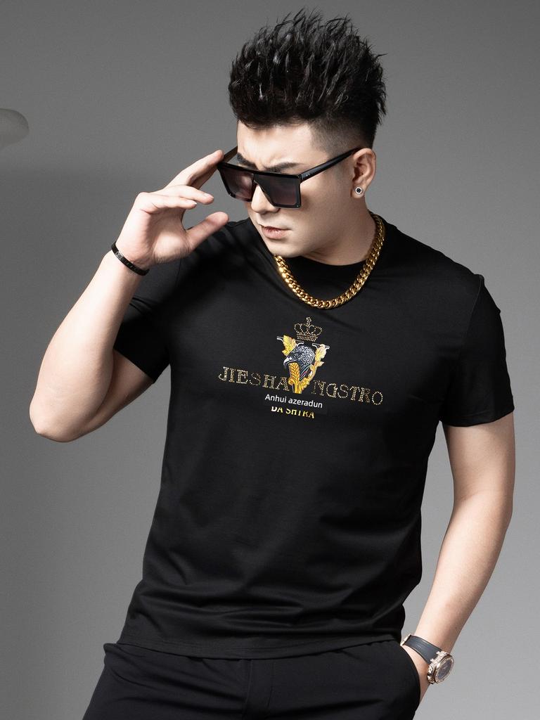 European-Style Light Luxury Rhinestone Silk Cotton Short-Sleeve T-Shirt for Men, 2025 New Summer Trendy Brand Top, Men's Half-Sleeve Tee