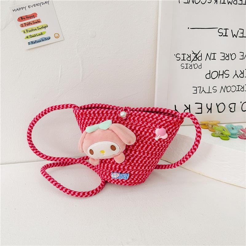 Adorable Korean Style Cartoon Woven Children's Bag With Bowknot And Floral Design