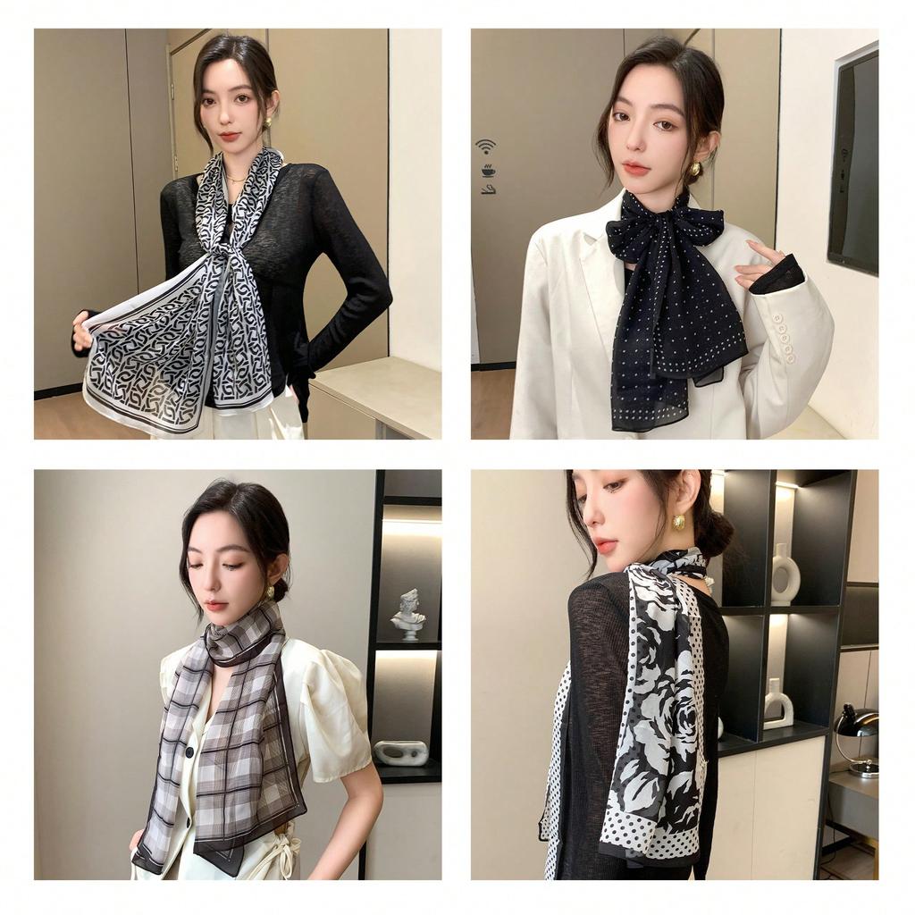 New Korean Silk Scarf Women's Light French Polka Dot Scarf Sunscreen Headscarf Belt Decorative Scarf