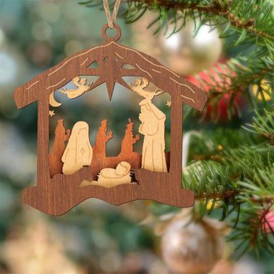 Merry Christmas Tree Nativity Scene Ornaments Happy New Year Decor Wood Hung Crafts Pendants Home Unique Window Decoration Gifts
