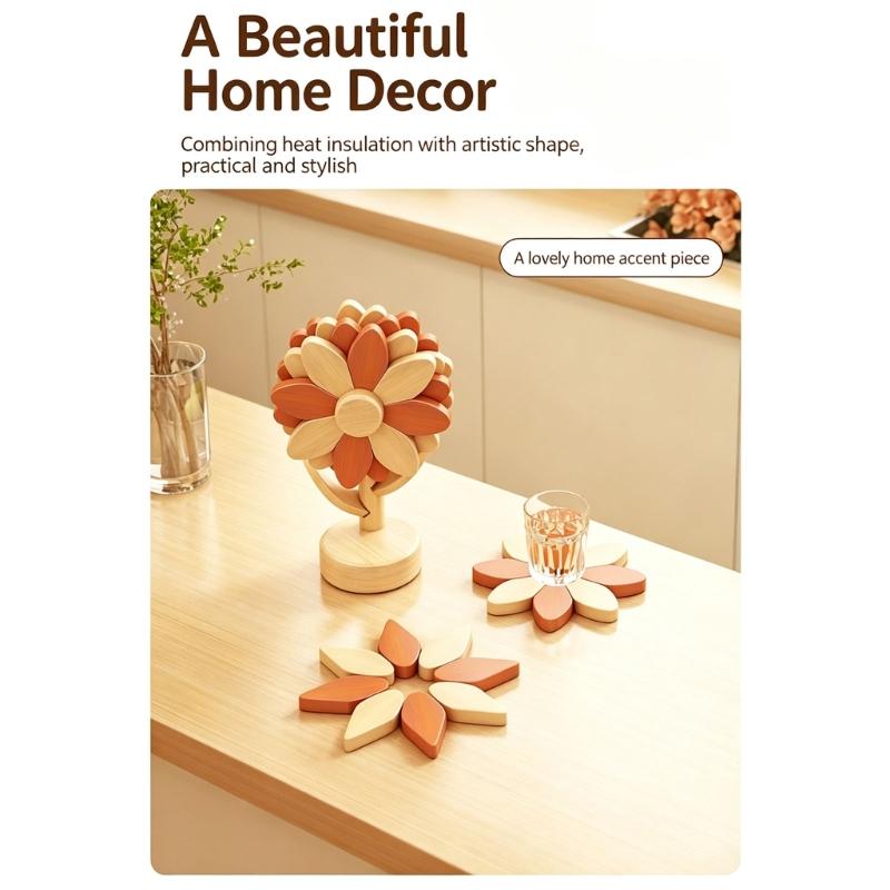 5-Piece Wooden Trivet Set with Flower Forms and Vertical Storage for Family Meals, Gatherings, and Dining Table Presentation