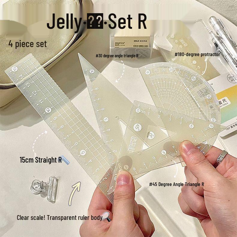 Multi-functional 20cm Jelly Ruler Set: Straight Ruler, Triangle, Protractor - Girly Design for Students 15cm