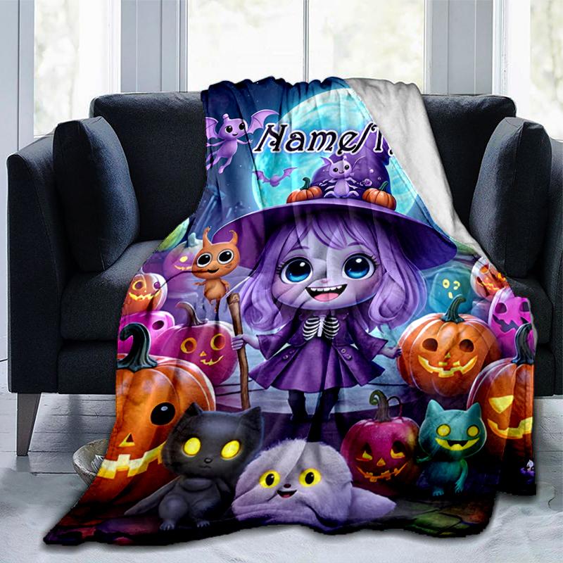 1PC Custom Name Halloween Night Adventure flannel blanket versatile,all-season throw suitable for the living room,bedroom,camping,travel,and gift