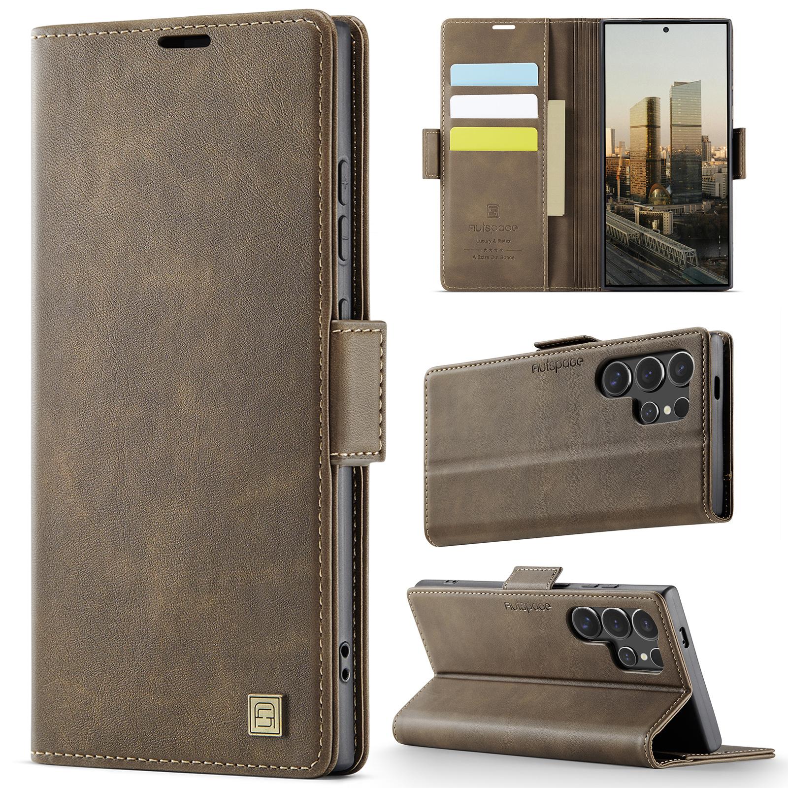 

For Samsung Galaxy S25 Ultra Case AUTSPACE A11 RFID Blocking Retro Leather Cell Phone Wallet Cover Black