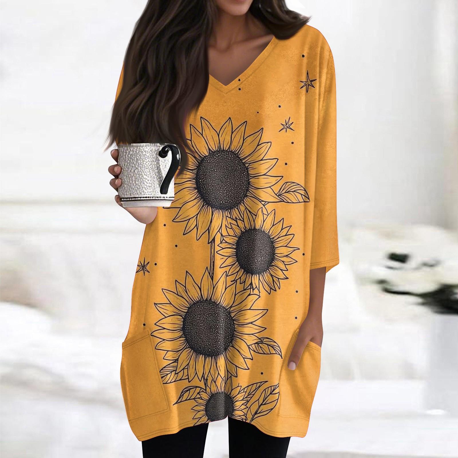 

Женские повседневные рубашки с рукавами 3/4, модные туники с принтом, топы с карманами XL жёлтый