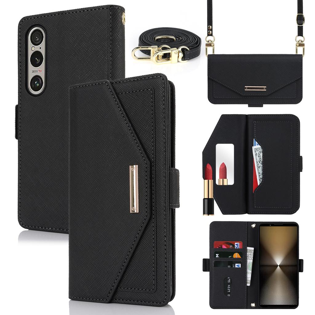 For Sony Xperia 1 VI Stand Case Cross Texture PU Leather Wallet Phone Cover with Shoulder Strap/Makeup Mirror