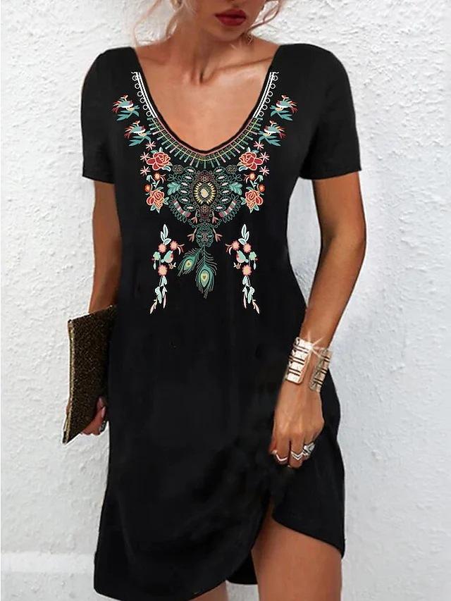 Damen Ethnisch Floralprint Kurzarm V-Ausschnitt Locker Lässig Tunika Kleid Sommer Etuikleid