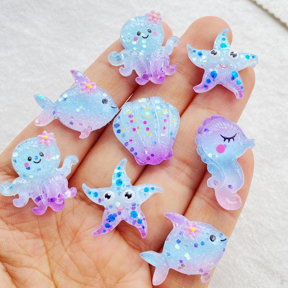 20Pcs Cute Resin Cartoon Shell, Starfish, small fish, seahorse, for Scrapbooking, Wedding Decor & DIY Jewelry Making Accessories