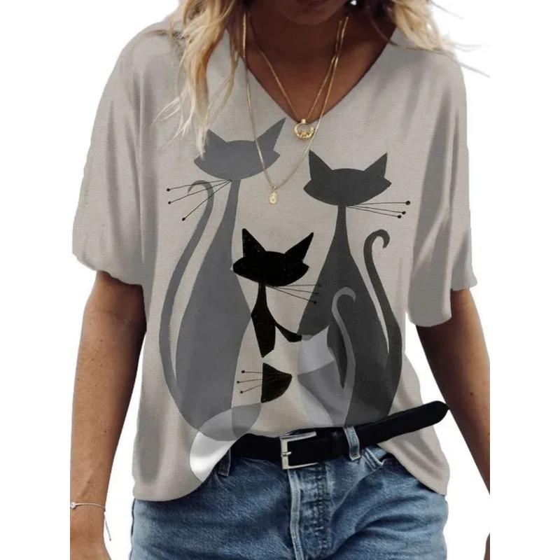 Women's V-neck Short-sleeved T-shirt with Cute Kitten Print