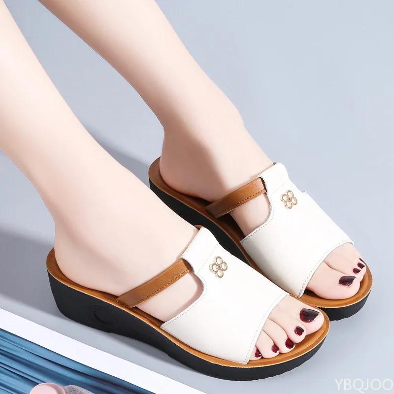 Fashion 2025 Womens Summer Slipper Retro Wedge female Casual Sandals Premium Open Toe Genuine leather sandal Vintage Non-Slip slipper
