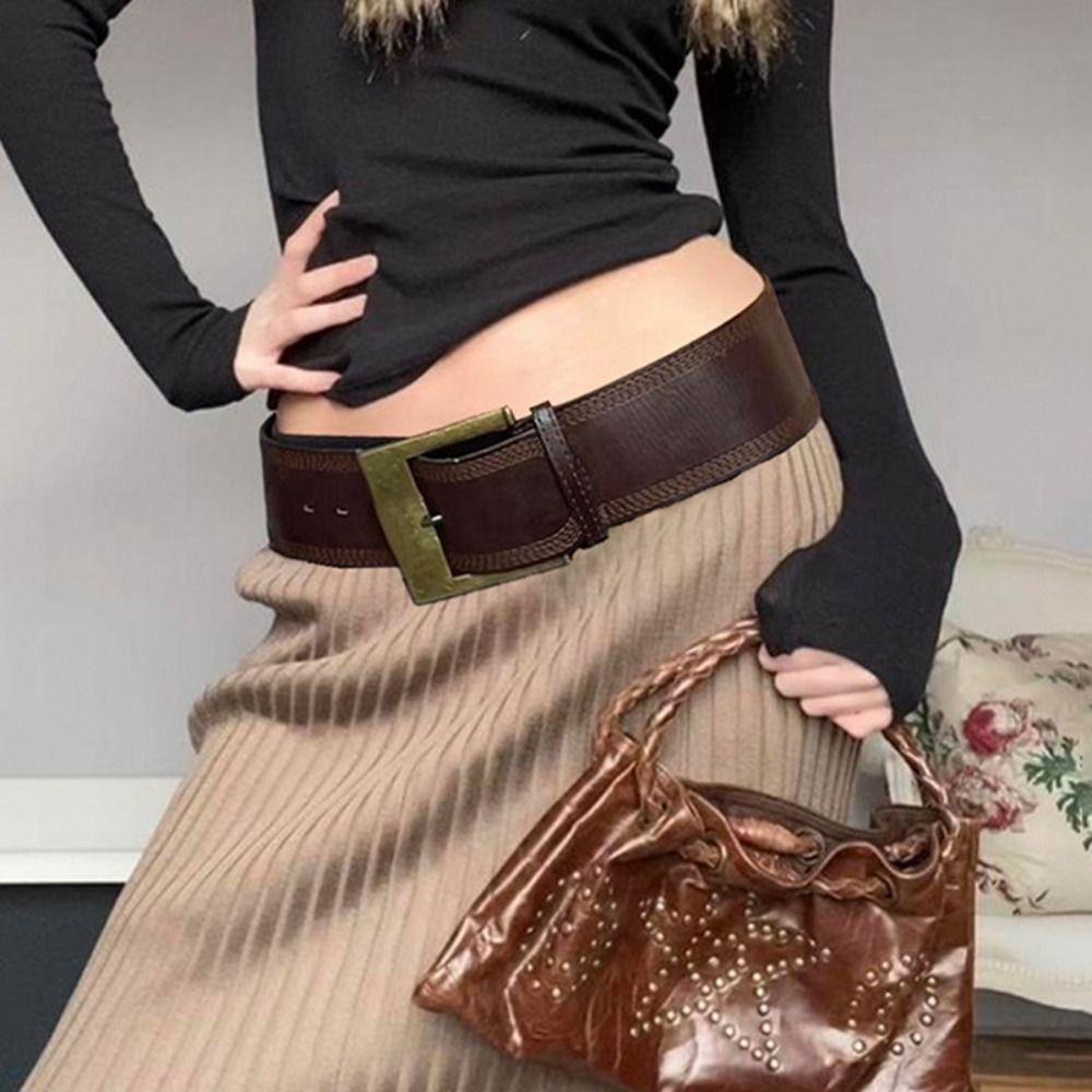 Trendy Pin Buckle Waistband Versatile Grunge Sashes Waistband Retro Leather Wide Belt  Gifts