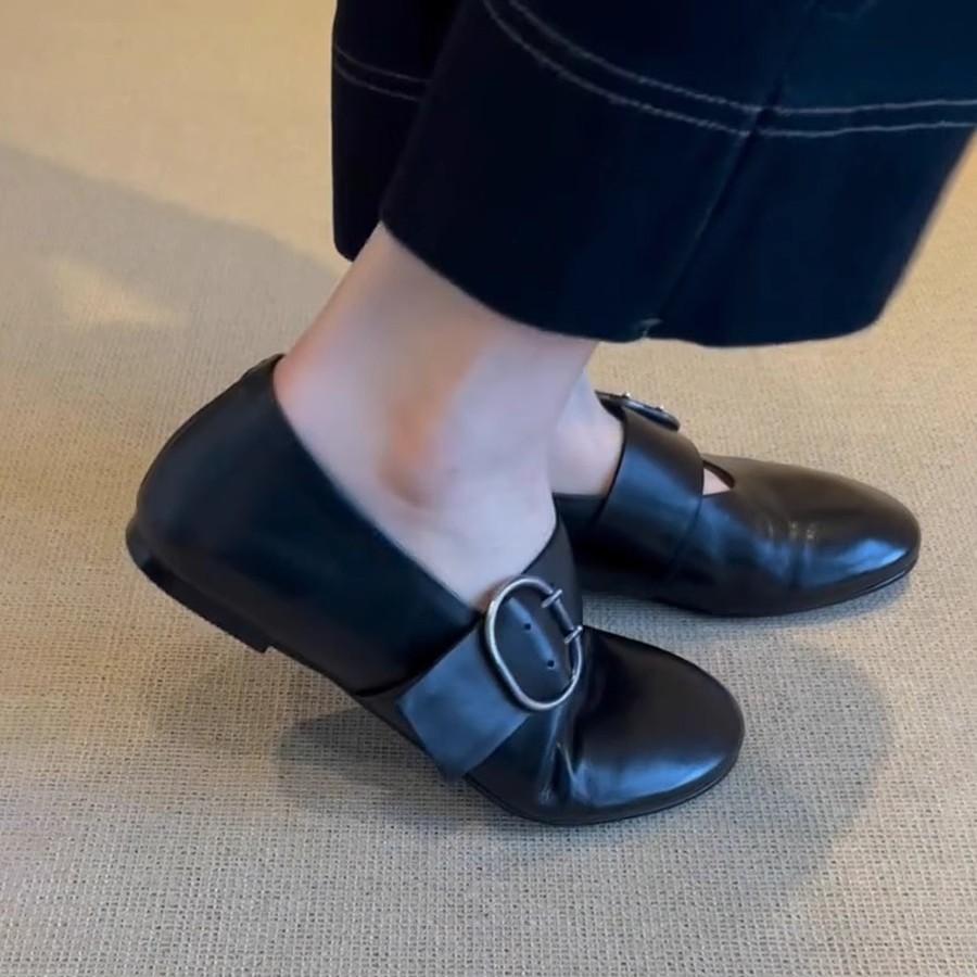 Spot Version~ Round Head Belt Buckle Flat Bottom Mary Jane Shoes Retro Small Single Shoes Grandma Shoes Shallow Mouth Ballet Shoes Women