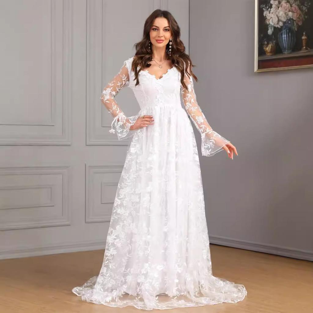 European and American Foreign Trade New Women's Clothing Autumn and Winter New Amazon Long-sleeved V-neck Pendulum Trailing Lace Dress Wedding Dress