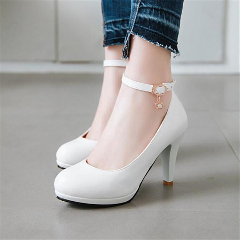 High Quality White Wedding Shoes Women Pumps High Heels Shoes With Ankle Strap Shallow Ladies Office Party Dress Shoes 31-46
