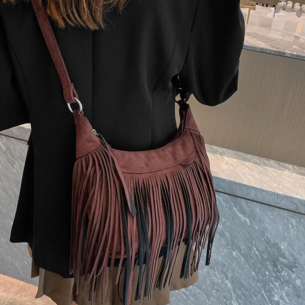Large Retro Fringed Handbag Totes Bag  PU Messenger Bag Zipper Soft Ethnic Style Women’s Fringed Leather Shoulder Bag