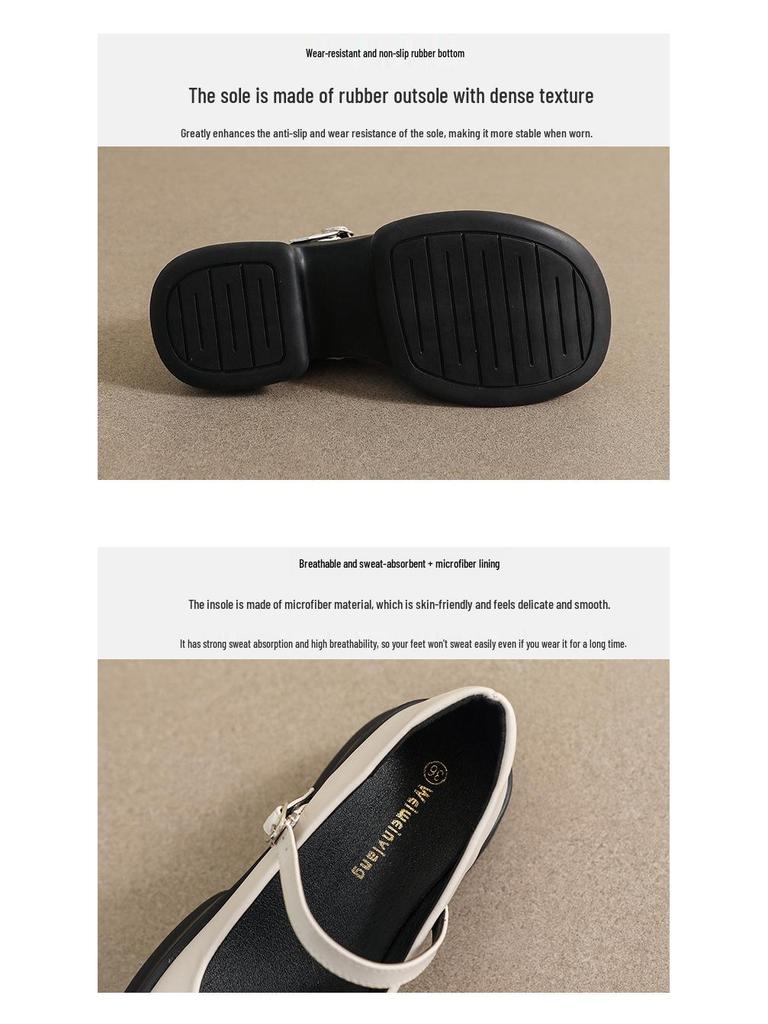 Weiwei Jente Mary Jane Sko med Tykk Såle og Sløyfe - Damesko med Kraftig Hæl i Skinn med Rem