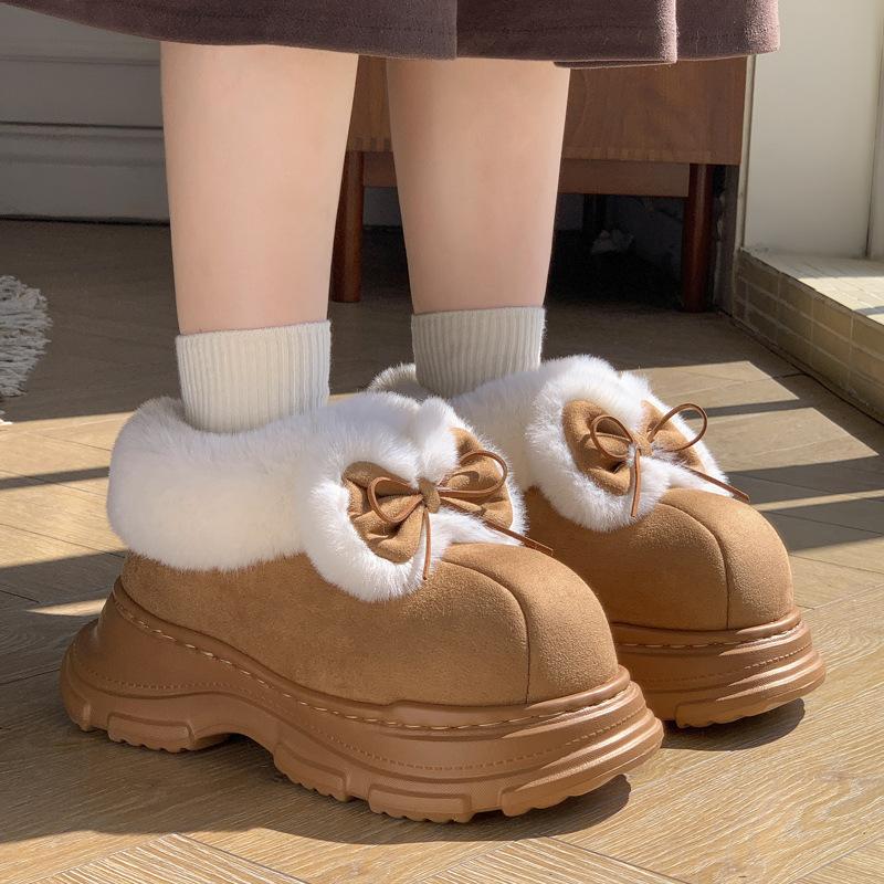 New Mid-top Bow Suede Wool Cotton Shoes Autumn and Winter Velvet Warm Thick-soled Heightening Non-slip Snow Boots