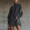 Damen Vintage Kleid Fransen Gesplettet Rollkragen Minikleid Taschen Locker Langarm Vestidos Einfarbig Elegant Streetwear Herbst
