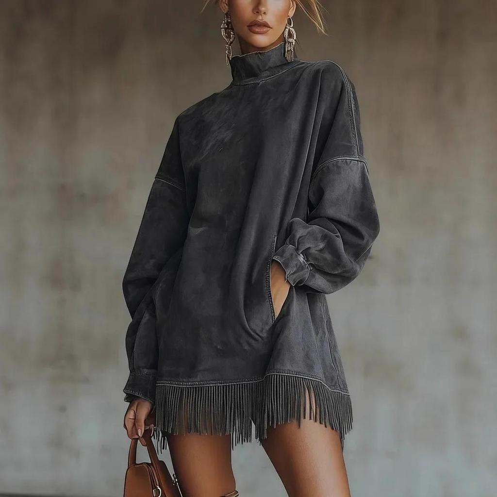 Damen Vintage Kleid Fransen Gesplettet Rollkragen Minikleid Taschen Locker Langarm Vestidos Einfarbig Elegant Streetwear Herbst