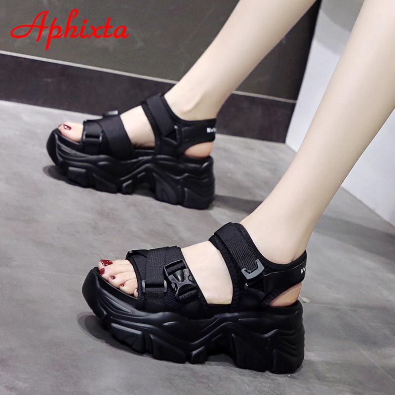 Fashion Aphixta New Buckle Height Increaming Canvas Platfom Sandals Women 3.15 Inch Wedge Heel Shoes Hook & Loop Thick Bottom Slides