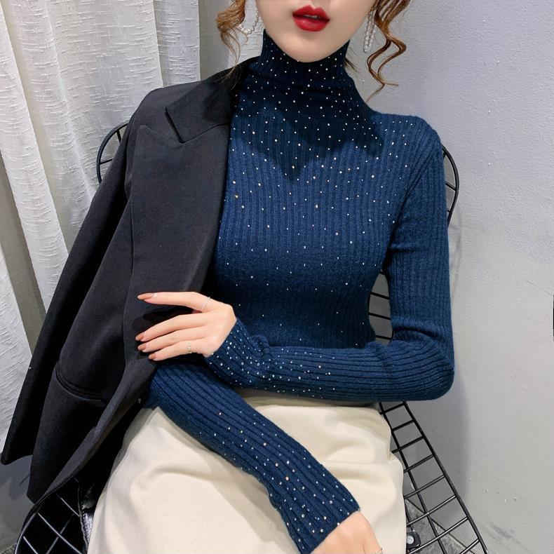 

Жіночий в язаний светр із високим горлом і ромбами, блискучий тонкий трикотаж, однотонний пуловер з довгими рукавами XL синій