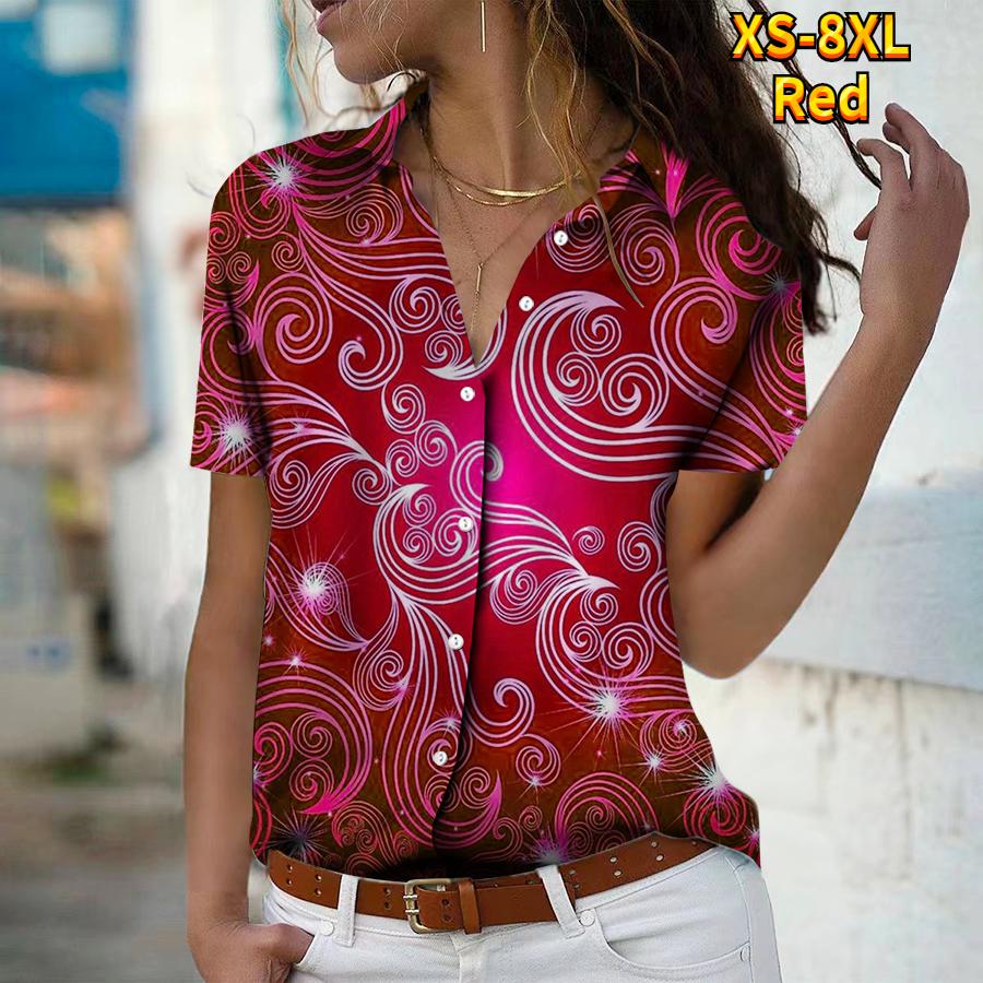 

2025 Summer New Fashion Women s Plant Printed Short Sleeve V-neck Casual Button-down Shirt Top 8XL червоний