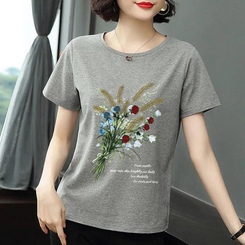 Pure Cotton Short-sleeved Top T-shirt New Summer Wear Middle-aged Mother Loose Printed T-shirt for Women