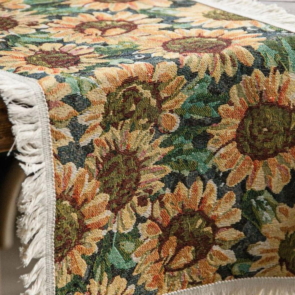 Jutový běhoun na stůl žakárový vzor slunečnice americký styl se střapci dekorace běhounu na stůl na párty žlutý