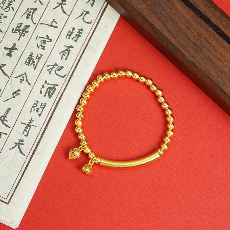 Luxury 24K 9999 Pure Gold Real Gold Curved Tube Round Bead Bracelet Women's Vintage Lotus Seed Bracelet