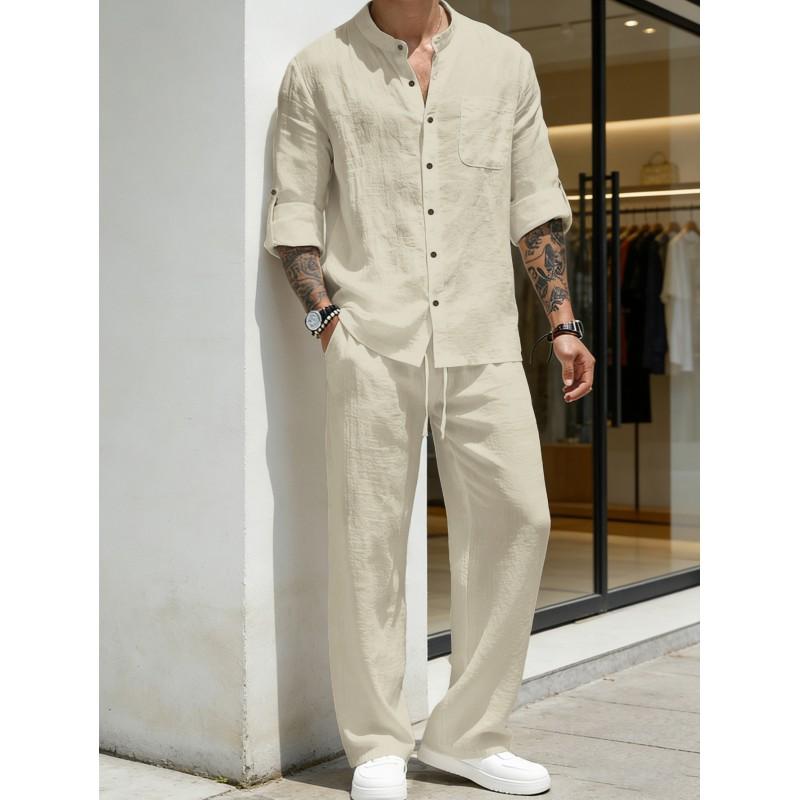 Mens Linen Blend Shirt Set Long Sleeve Top Pants Retro Stand Collar Casual Outfit