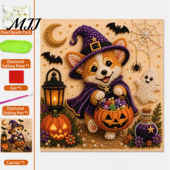 Halloween Faux Pearl Art Kit Painting Kit, Puppy DIY Witch Resin Bead Set Hat Craft for Adults And Teens, Handmade Gift Easy Kits Beginners