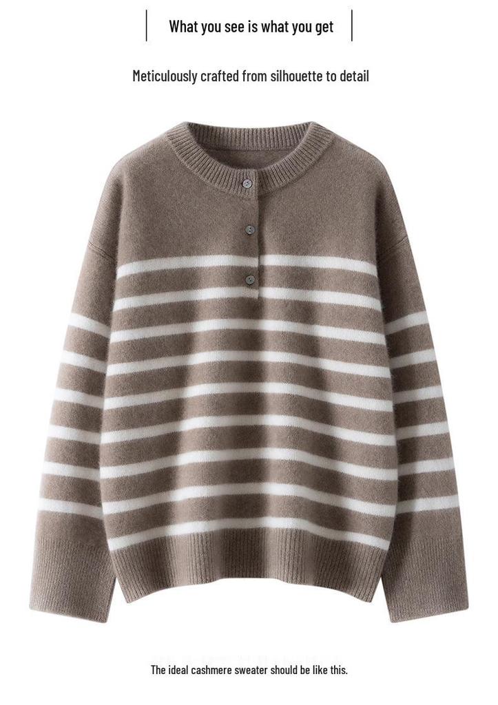 Women's Striped Color Block Henley Cashmere Sweater - Autumn/Winter Thick Knitwear