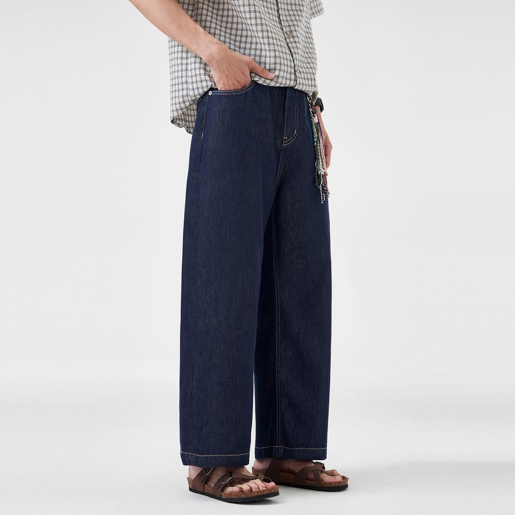 Spring and summer new denim primary color jeans men's American retro trendy brand loose wide-leg straight nine-point pants