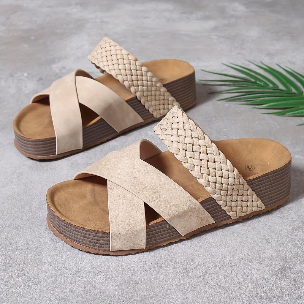 Thick Sole Platform Summer Slide Sandals - Chic Women's Casual Open Toe Shoes with Braided Detail, Cross-straps, Solid Colors, Woven Bag