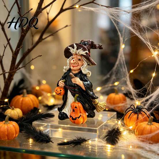 Resin Desktop Decorations Halloween Witch Pumpkin Figurine Vintage Hand-Painted Ornament Spooky Tabletop Artistic Figurines Decor for Desk
