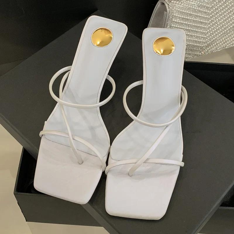 Eilyken New Summer Narrow Band Hollow Out Women Slippers Square Toe Thin Low Heels Party Ladies Shoes Zapatos De Mujer