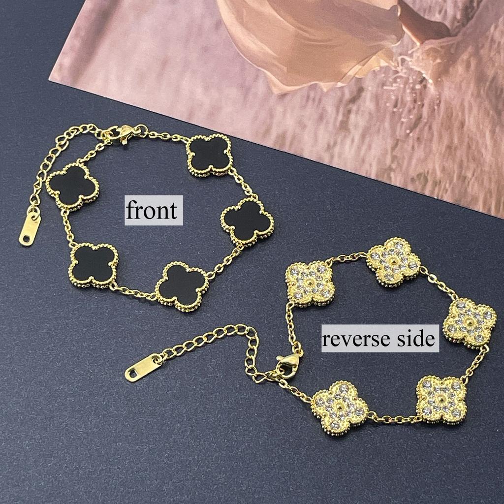 15MM One Side Full of Diamonds and The Other Side Inlaid with Shells Four-leaf Clover Bracelet Vacuum 18K Ladies Bracelet