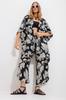 Women's Bottom-Top Set New Season Fashion Black Palazzo Trousers and Patterned Woven Viscose Kimono Set