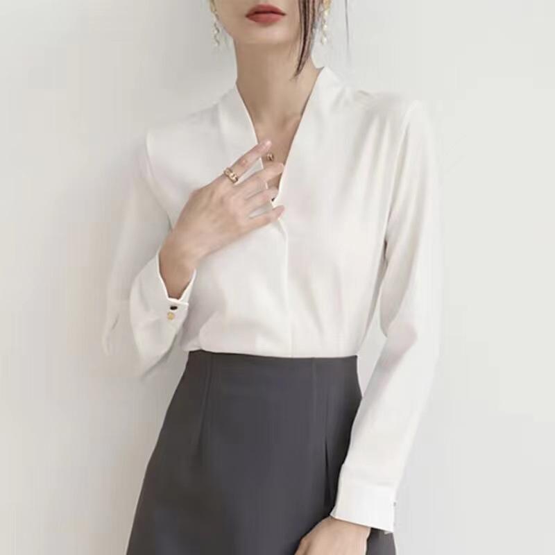 V-Ausschnitt Weißes Hemd Damen Oberteil Frühling und Herbst V-Ausschnitt Professionelles Langarmhemd