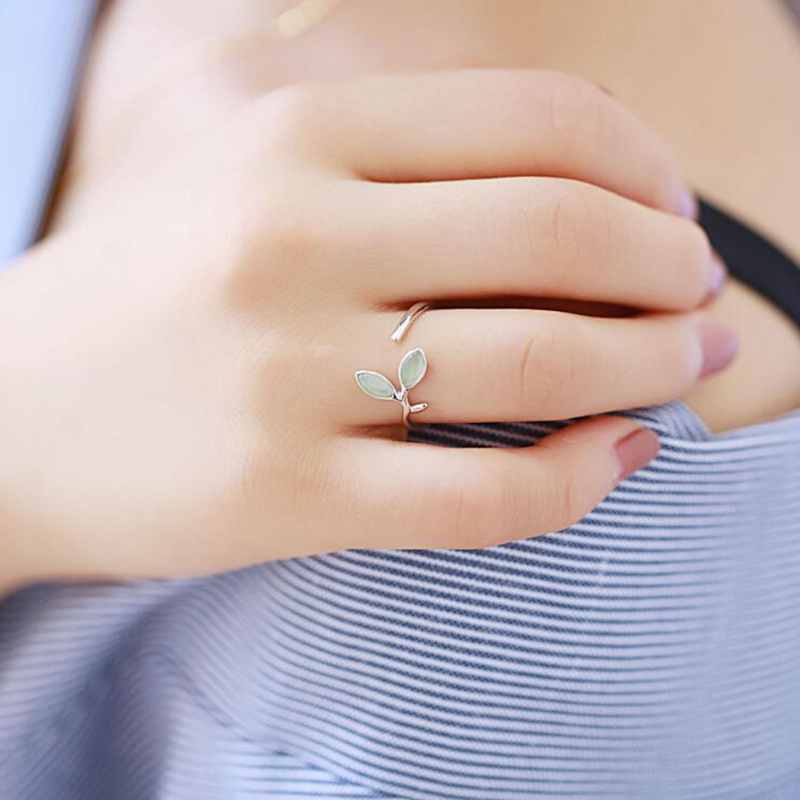 Xiaomi Hot Sale Korean Green Opal Leaf Leaves 925 Sterling Silver Open Rings for Women Girls Ladys Fashion Jewelry Gift YRI135