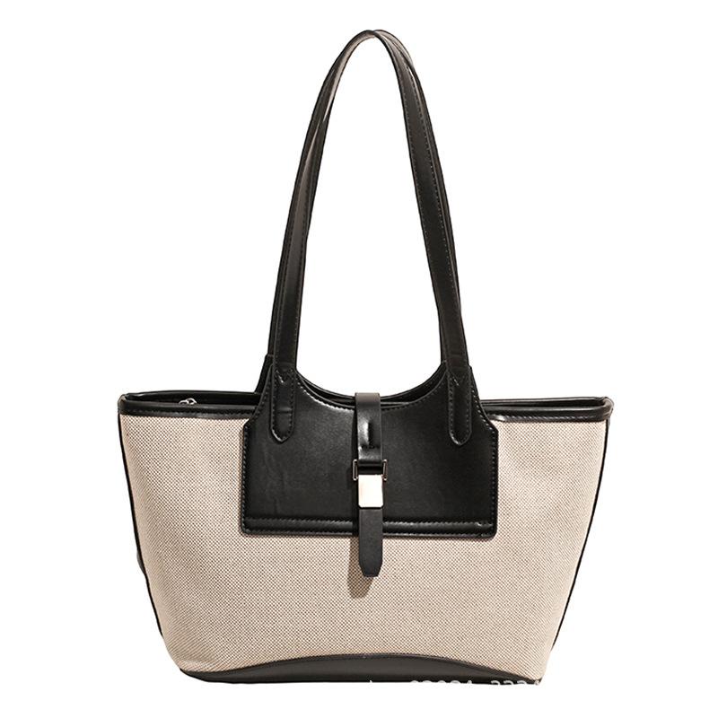 2025 New Versatile Contrasting Color Canvas Leather Splicing Personalized Retro Large-capacity Handbag Tote Bag