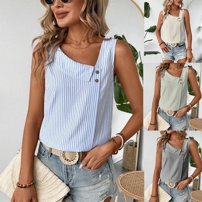 Women Striped Sleeveless Tank Top Asymmetrical Neck Button Decor Casual Summer Blouse