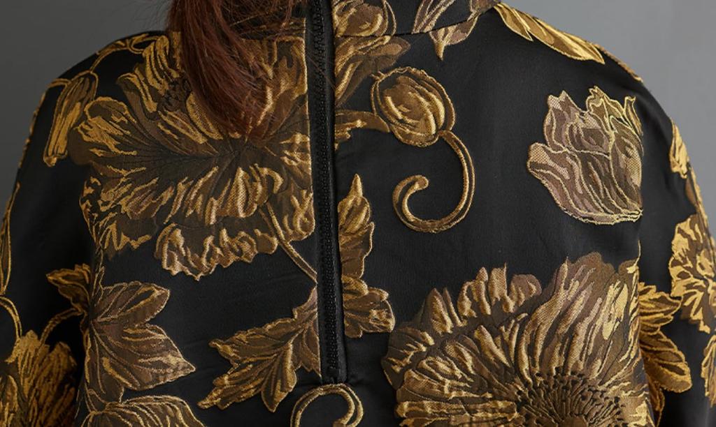 Lady A Jacquard Dress with Gold Embroidery and In Lazy Trendy, 5/8-sleeve, High-neck, Knee-length Black.