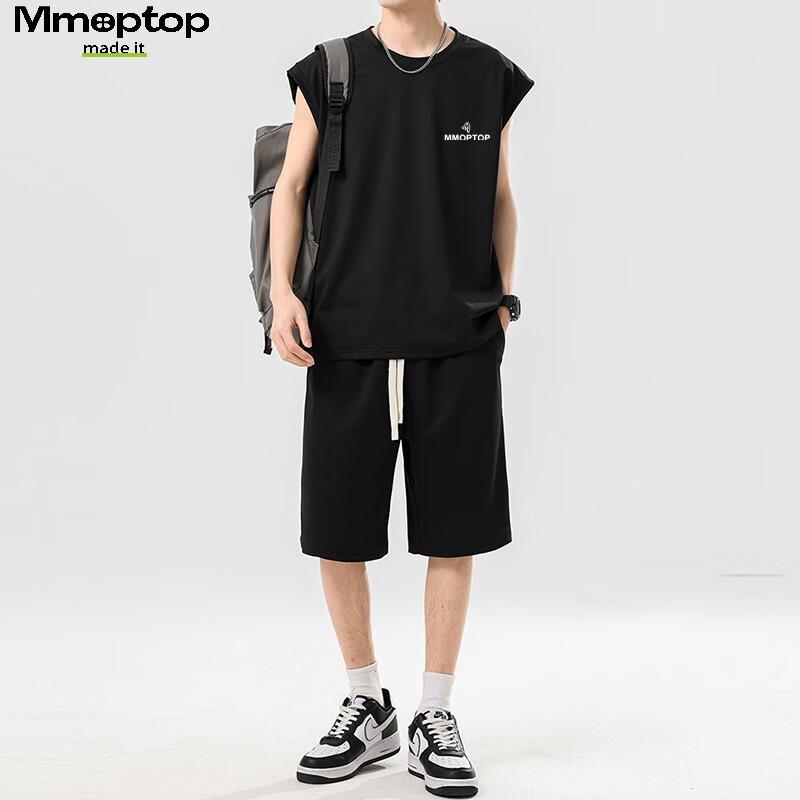 MMOPTOP American-Style Sleeveless Ice Silk Vest Summer Men's Comfortable Breathable Short-Sleeve Shorts Set MTX08 Black XL