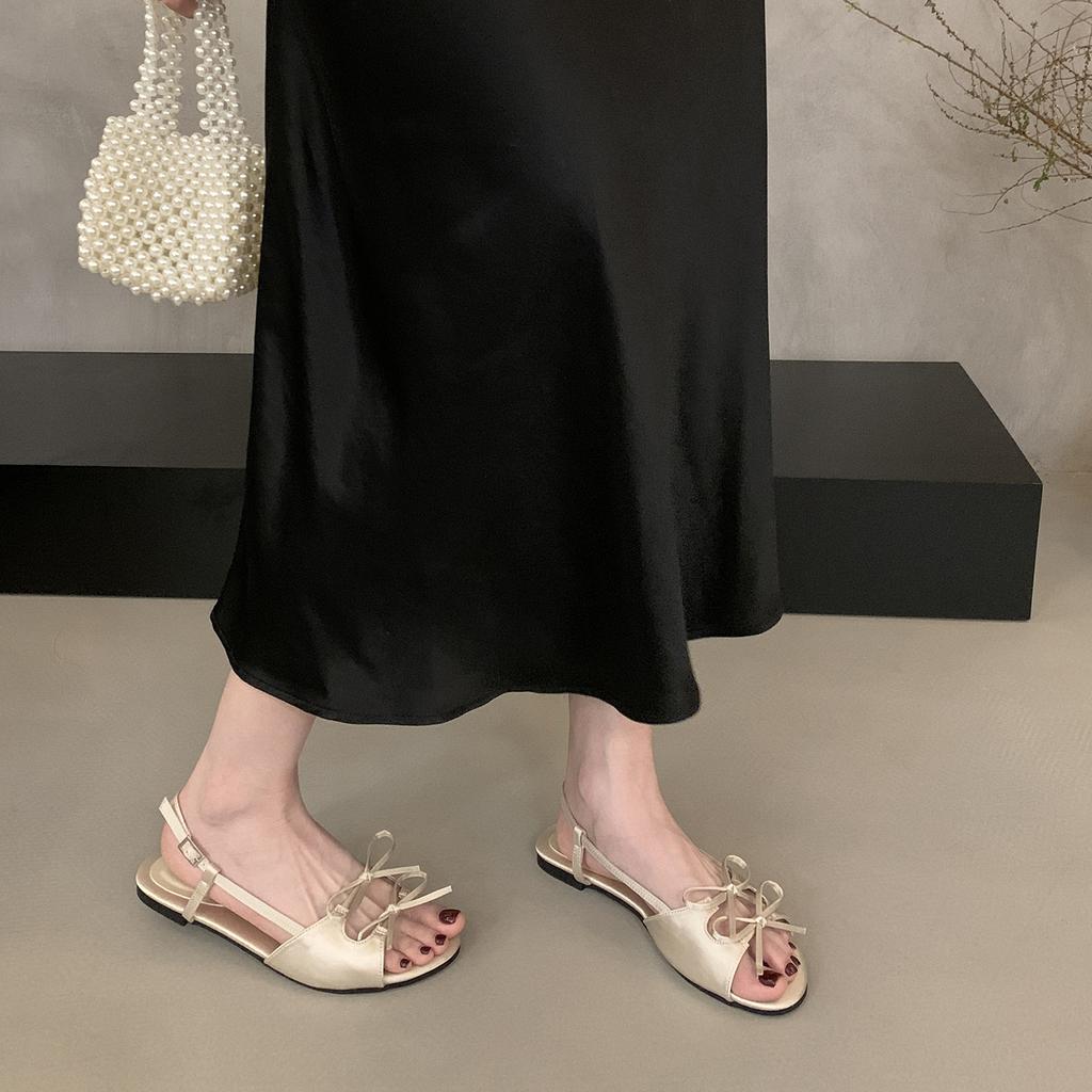 French satin bow open-toed flat sandals 2025 summer new round head outer wear flat heel cool slippers